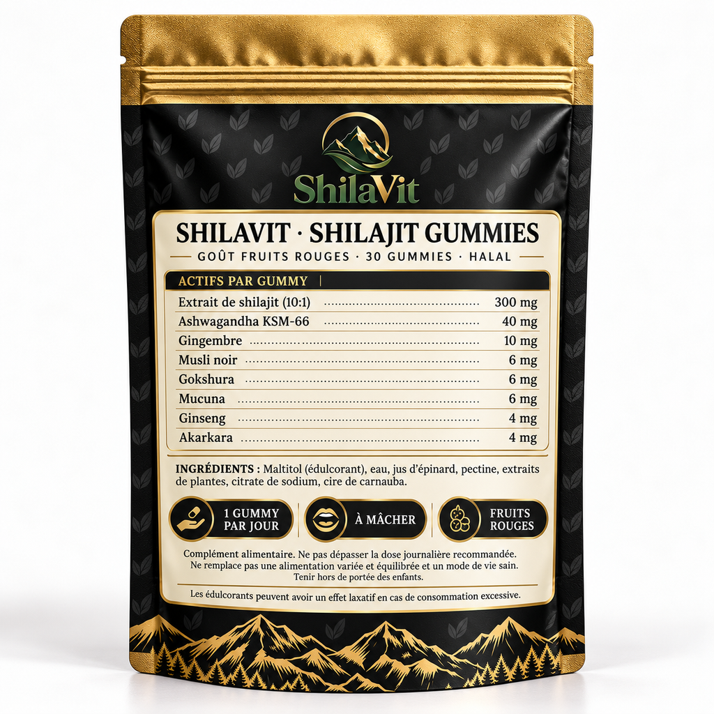 Dos ShilaVit : actifs par gummy, shilajit 300 mg, ingrédients et halal
