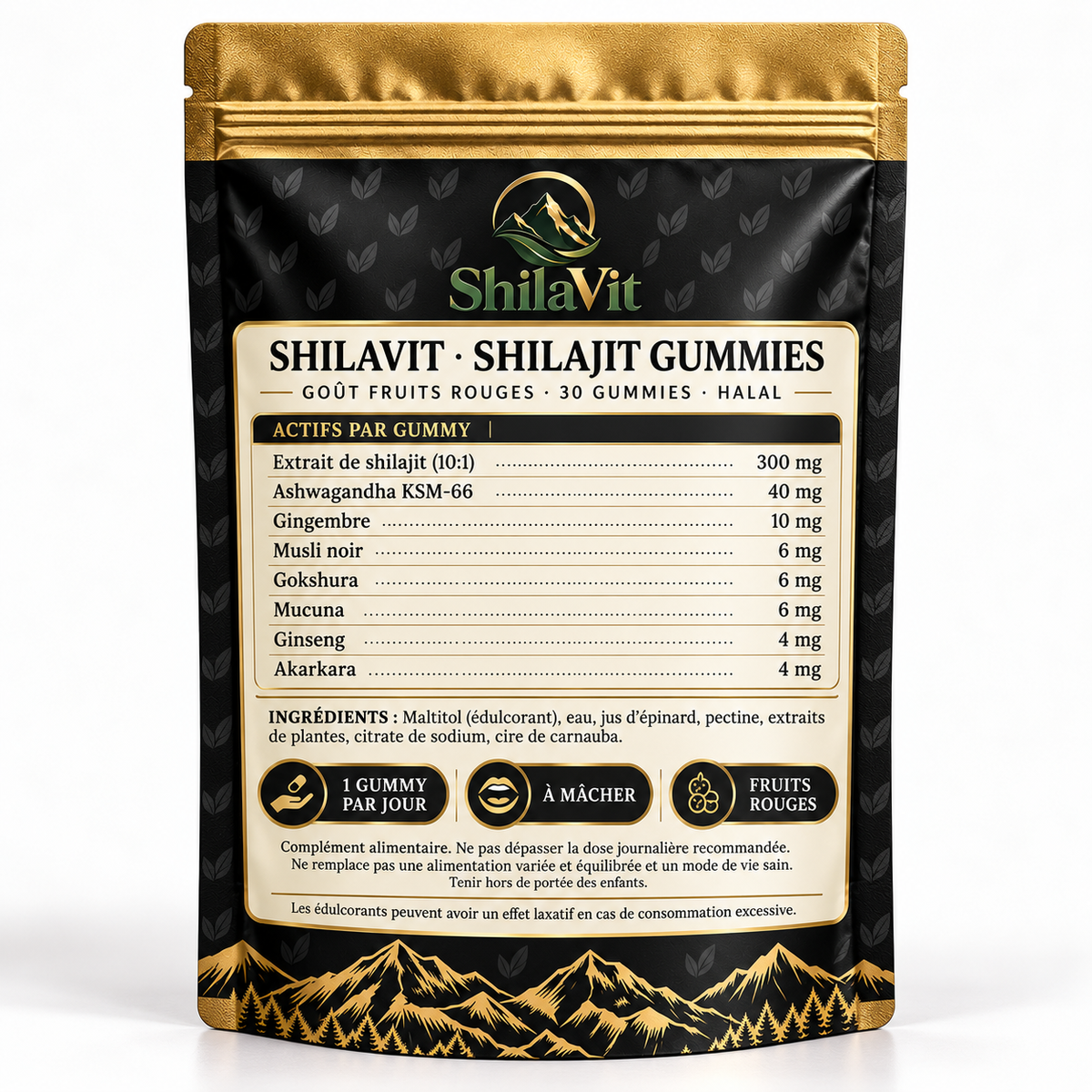 Dos ShilaVit : actifs par gummy, shilajit 300 mg, ingrédients et halal