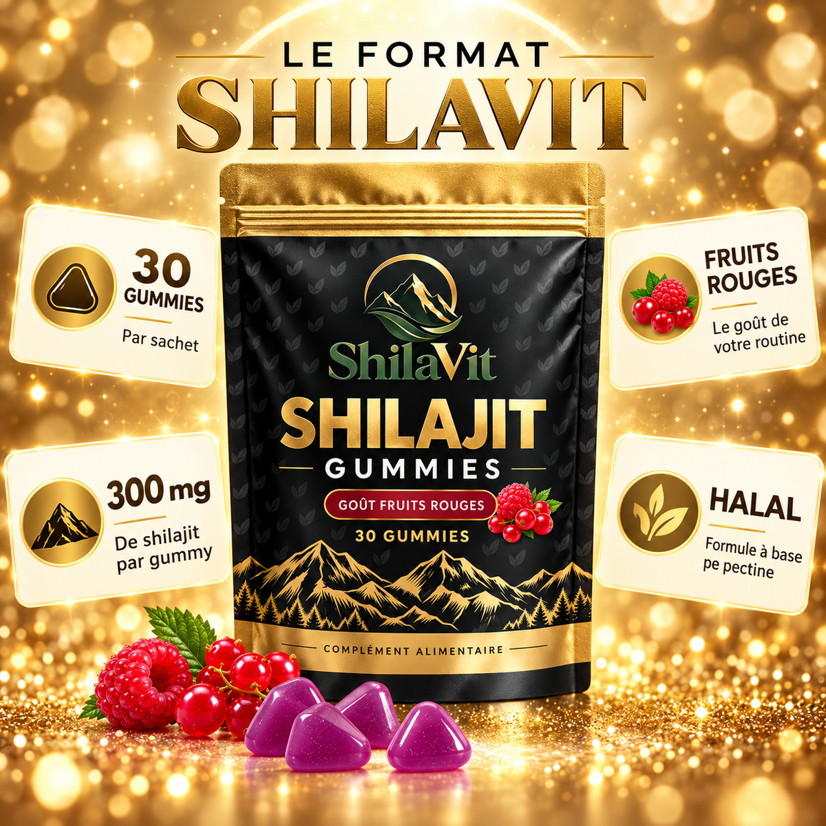 Le format ShilaVit : 30 gummies, goût fruits rouges, 300 mg de shilajit, halal