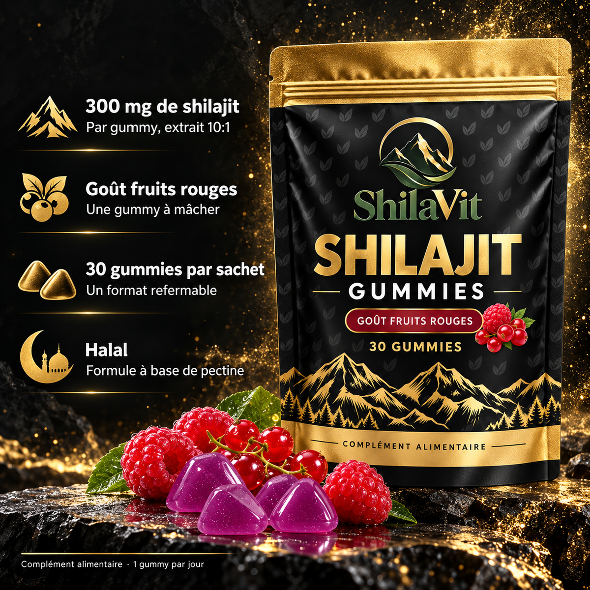 ShilaVit : 300 mg de shilajit par gummy, goût fruits rouges, 30 gummies et halal