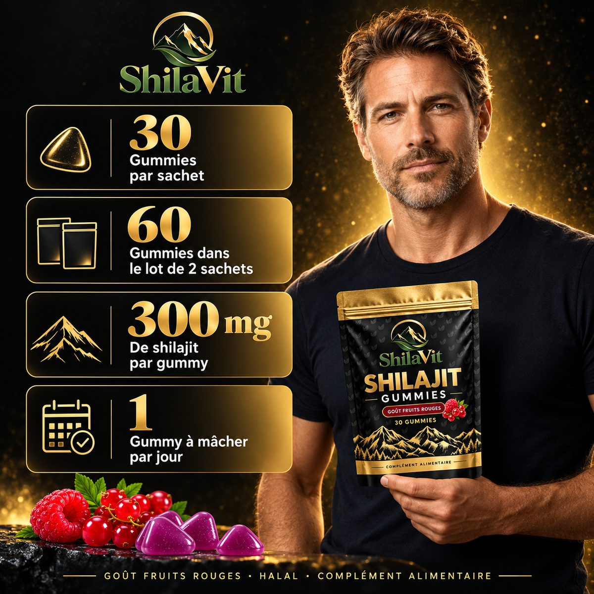 Présentation ShilaVit : 30 gummies par sachet, lot de 60, shilajit 300 mg, 1 gummy par jour